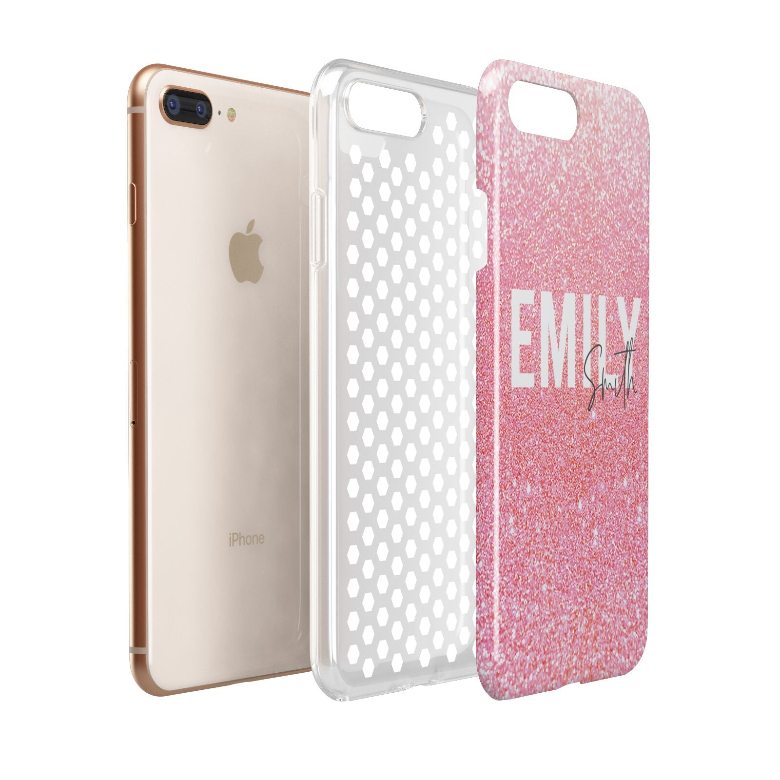 Personalised Pink Glitter White Name Apple iPhone 7 8 Plus 3D Tough Case Expanded View
