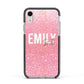 Personalised Pink Glitter White Name Apple iPhone XR Impact Case Black Edge on Silver Phone