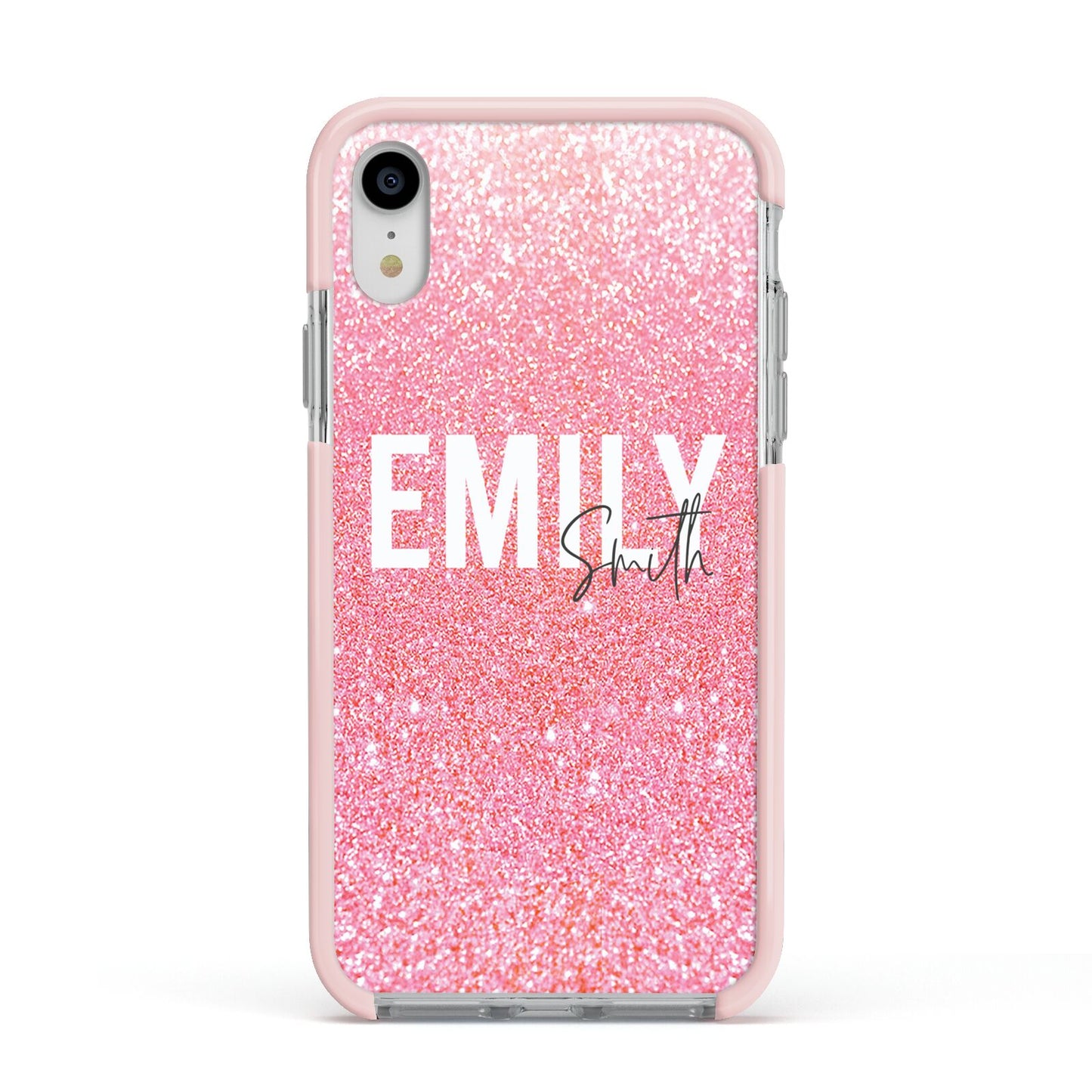 Personalised Pink Glitter White Name Apple iPhone XR Impact Case Pink Edge on Silver Phone