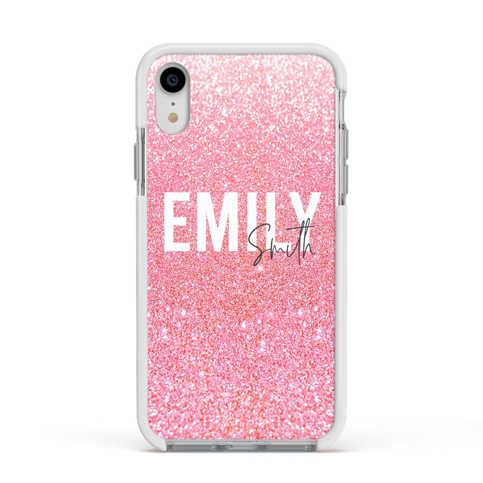 Personalised Pink Glitter White Name Apple iPhone XR Impact Case White Edge on Silver Phone
