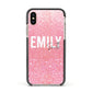 Personalised Pink Glitter White Name Apple iPhone Xs Impact Case Black Edge on Gold Phone