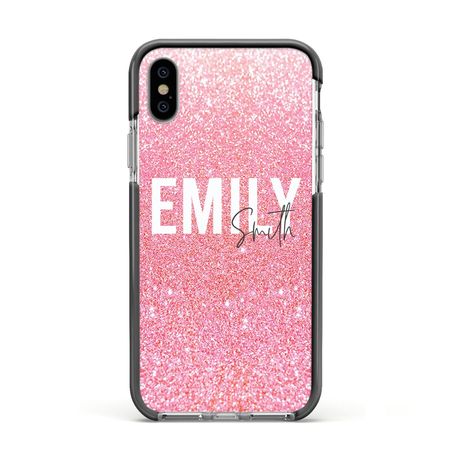 Personalised Pink Glitter White Name Apple iPhone Xs Impact Case Black Edge on Silver Phone