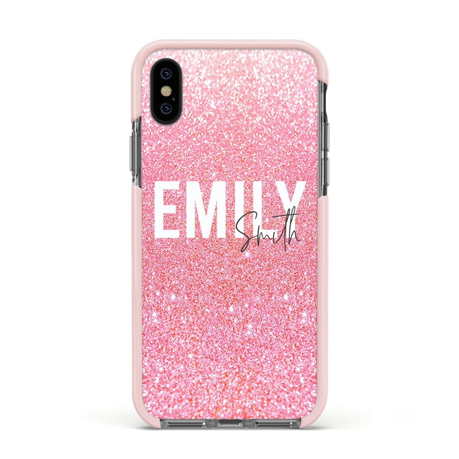 Personalised Pink Glitter White Name Apple iPhone Xs Impact Case Pink Edge on Black Phone