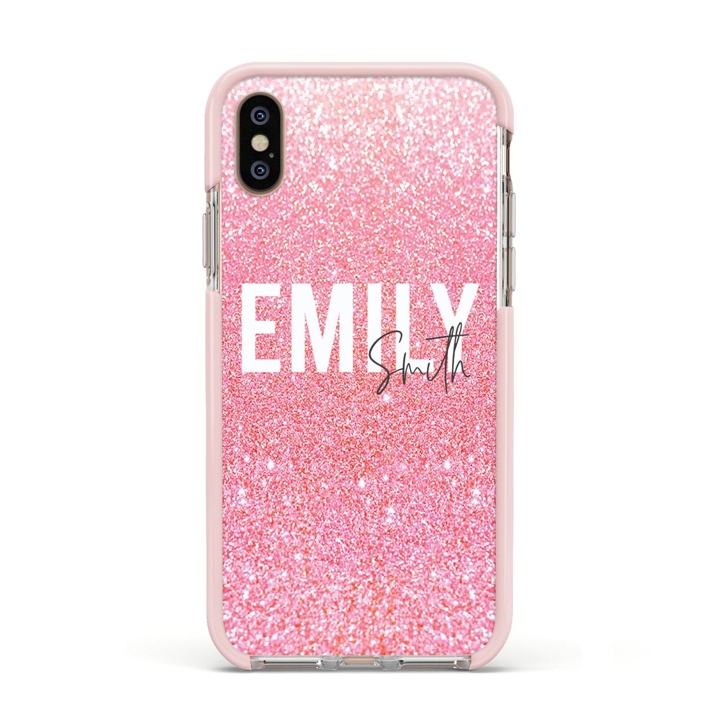 Personalised Pink Glitter White Name Apple iPhone Xs Impact Case Pink Edge on Gold Phone