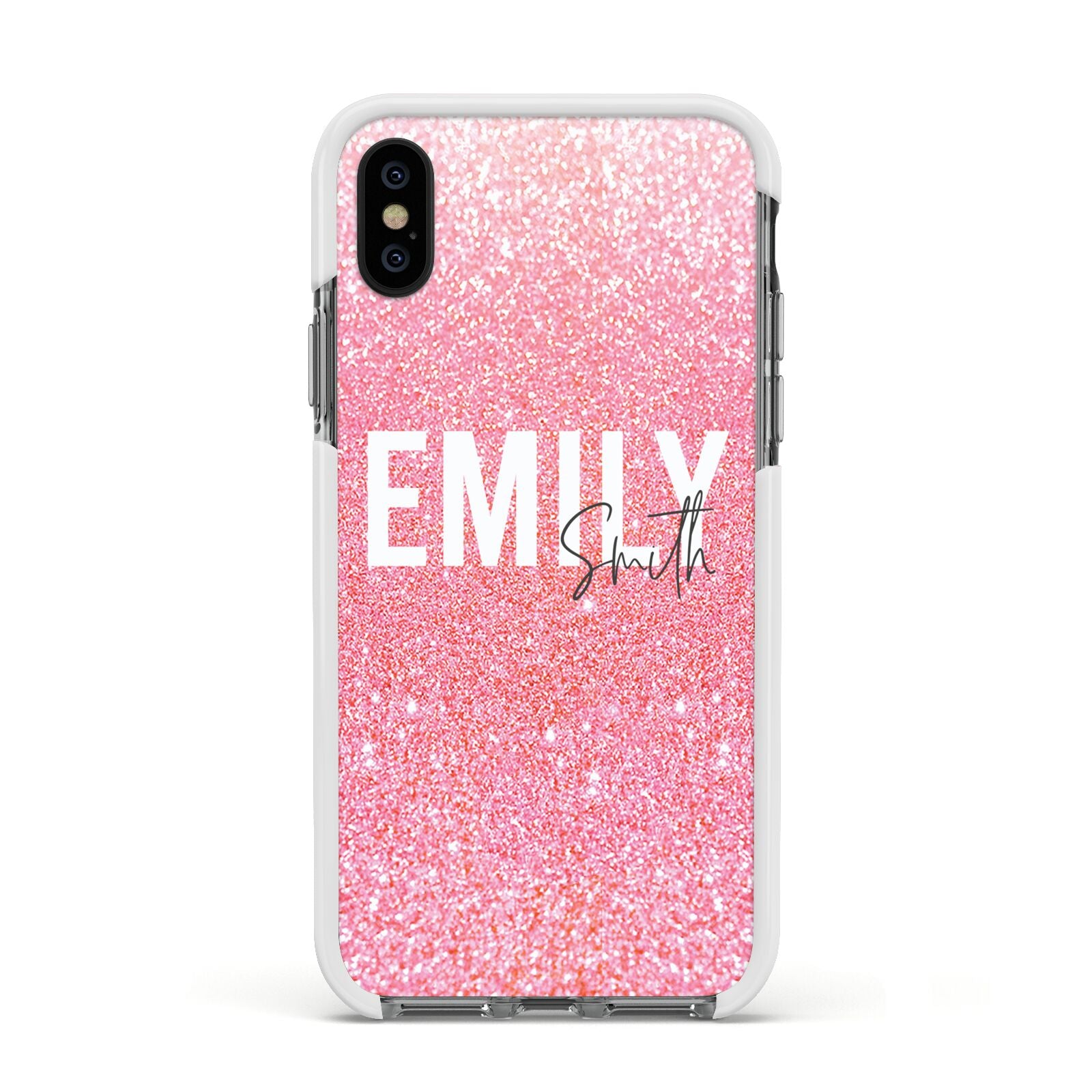 Personalised Pink Glitter White Name Apple iPhone Xs Impact Case White Edge on Black Phone