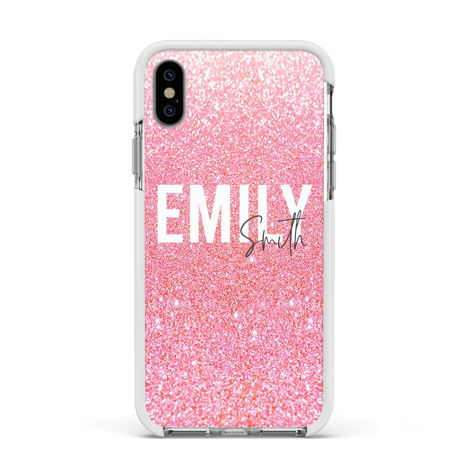 Personalised Pink Glitter White Name Apple iPhone Xs Impact Case White Edge on Silver Phone