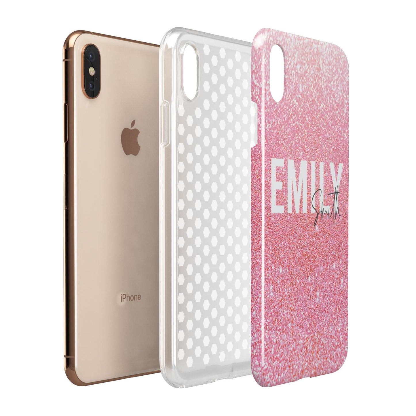 Personalised Pink Glitter White Name Apple iPhone Xs Max 3D Tough Case Expanded View