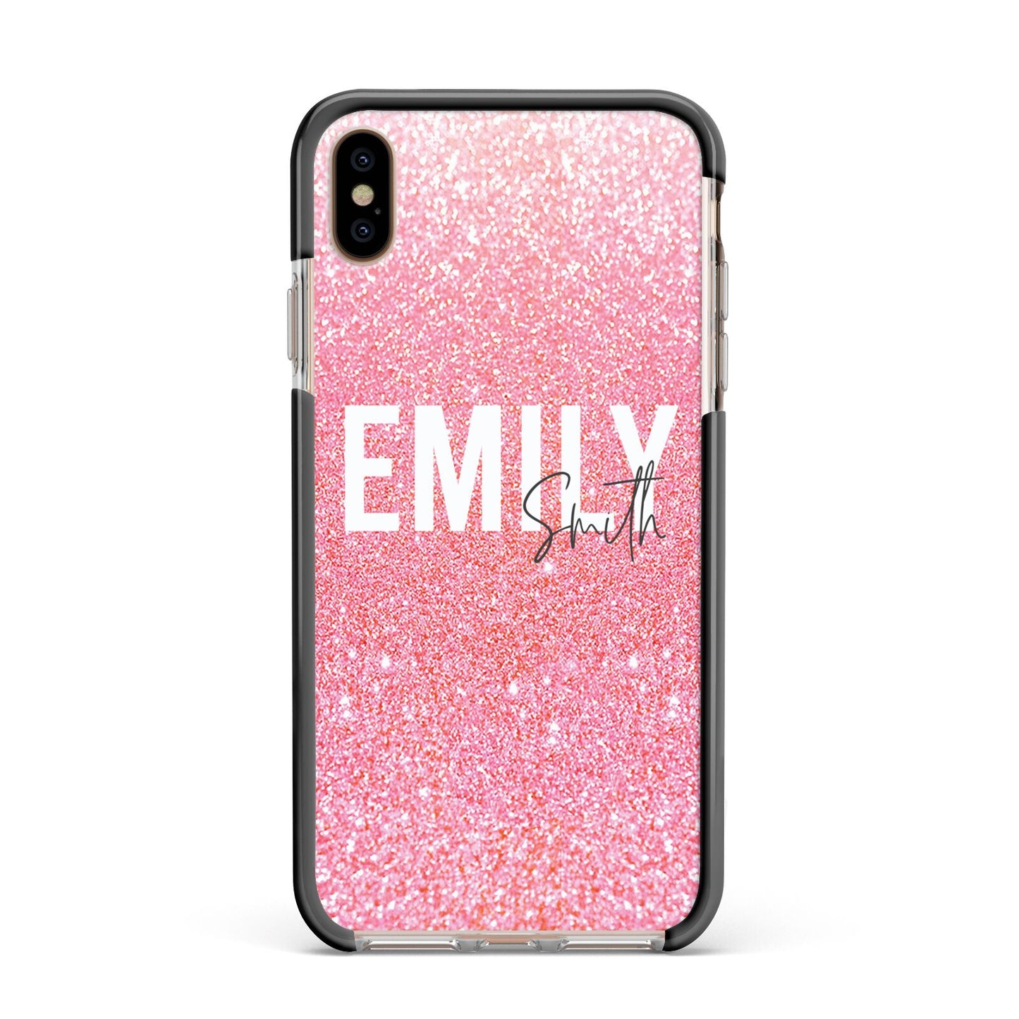 Personalised Pink Glitter White Name Apple iPhone Xs Max Impact Case Black Edge on Gold Phone