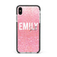 Personalised Pink Glitter White Name Apple iPhone Xs Max Impact Case Black Edge on Silver Phone