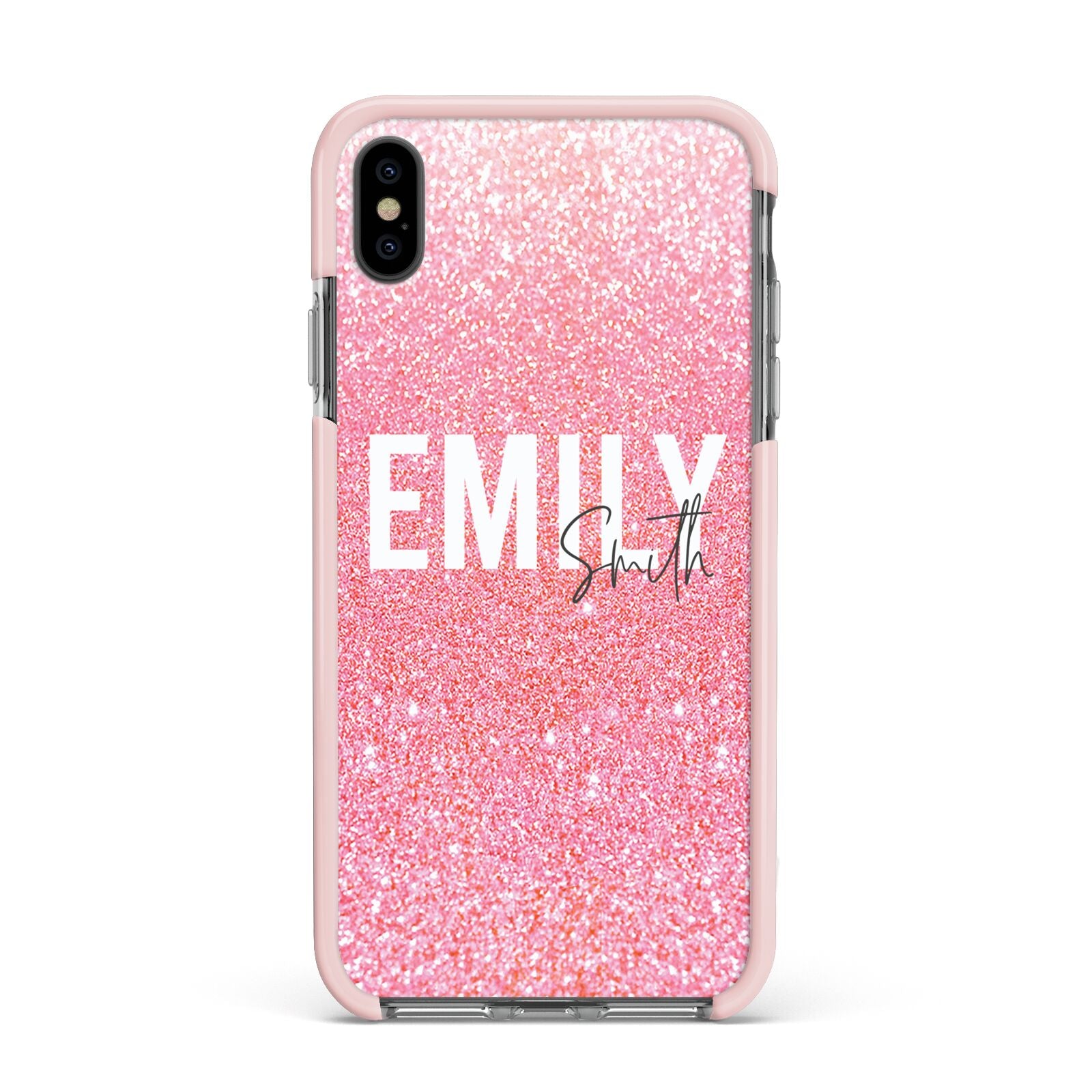 Personalised Pink Glitter White Name Apple iPhone Xs Max Impact Case Pink Edge on Black Phone