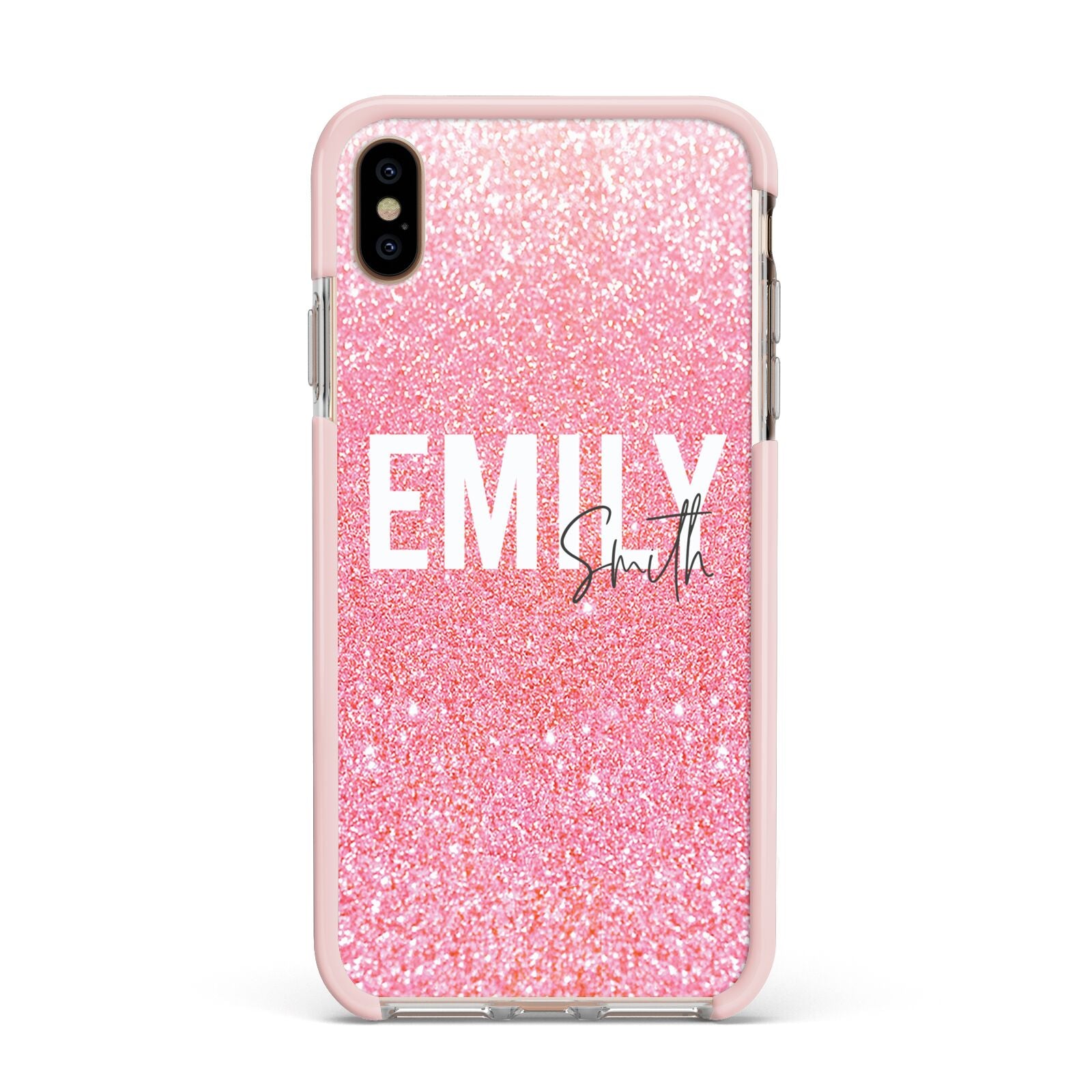 Personalised Pink Glitter White Name Apple iPhone Xs Max Impact Case Pink Edge on Gold Phone