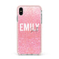 Personalised Pink Glitter White Name Apple iPhone Xs Max Impact Case Pink Edge on Silver Phone