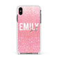 Personalised Pink Glitter White Name Apple iPhone Xs Max Impact Case White Edge on Black Phone