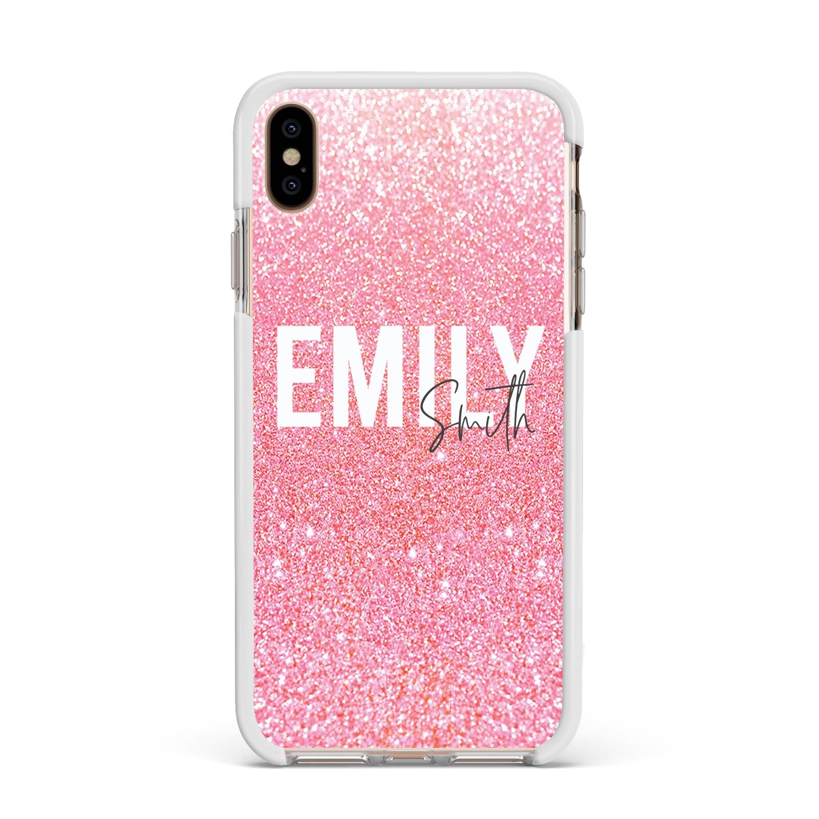 Personalised Pink Glitter White Name Apple iPhone Xs Max Impact Case White Edge on Gold Phone