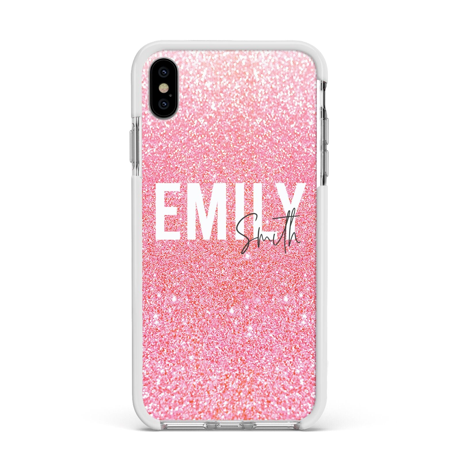 Personalised Pink Glitter White Name Apple iPhone Xs Max Impact Case White Edge on Silver Phone