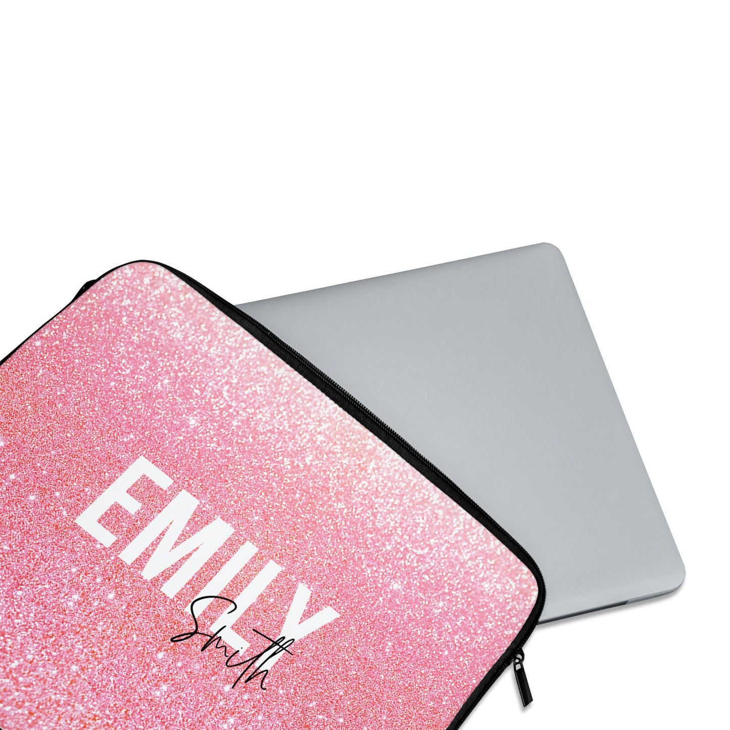 Personalised Pink Glitter White Name Laptop Bag Dyefor