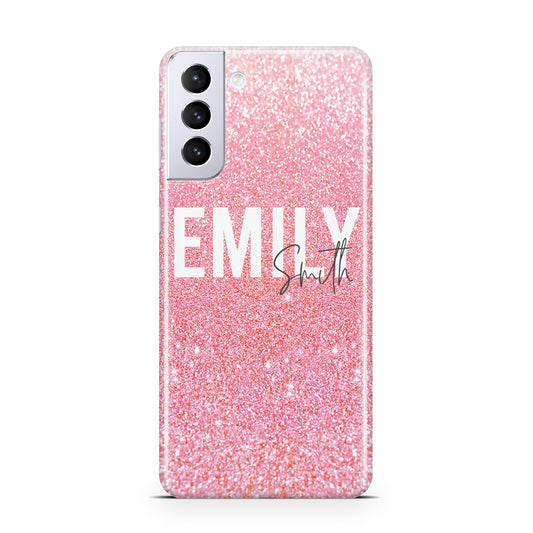 Personalised Pink Glitter White Name Samsung S21 Plus Phone Case