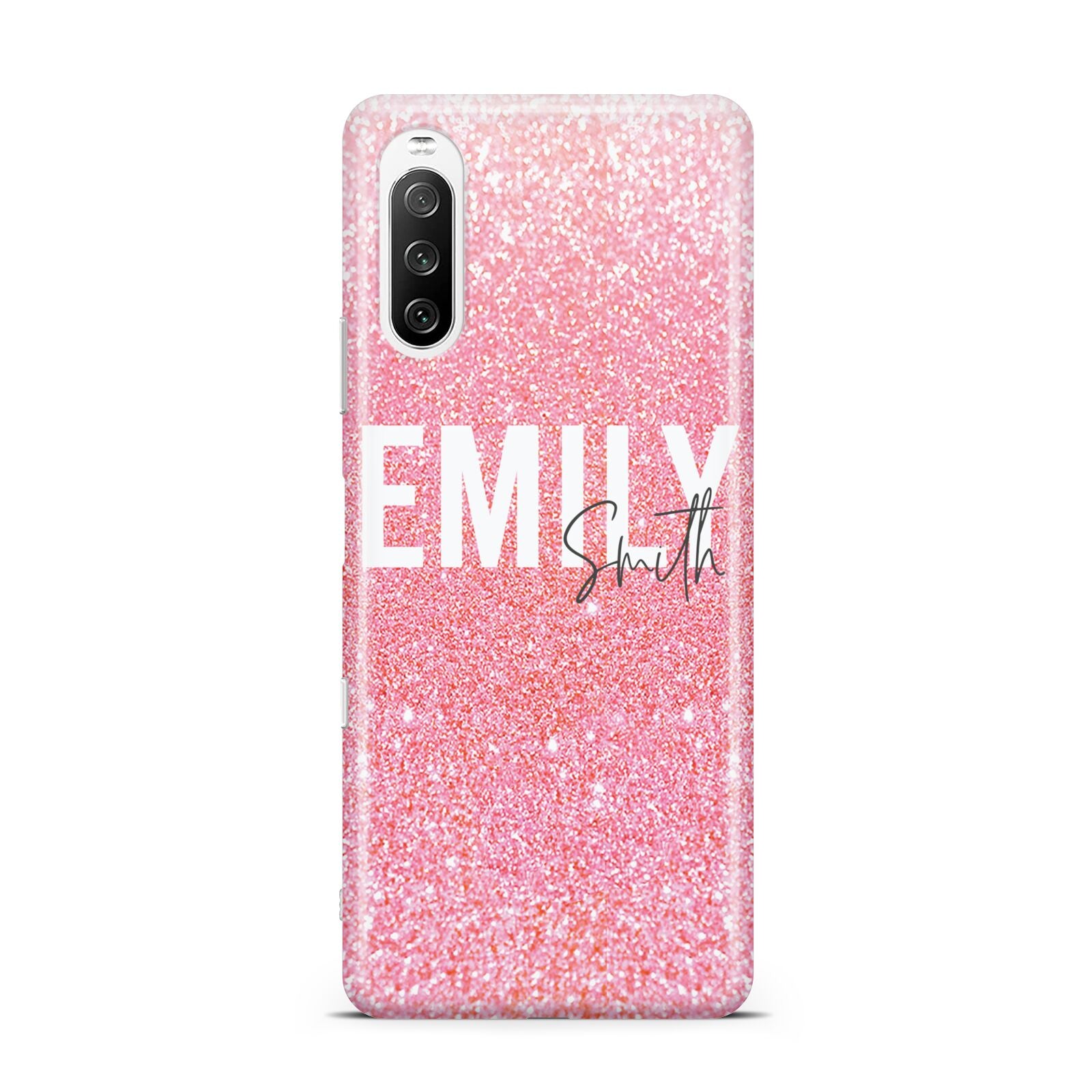 Personalised Pink Glitter White Name Sony Xperia 10 III Case