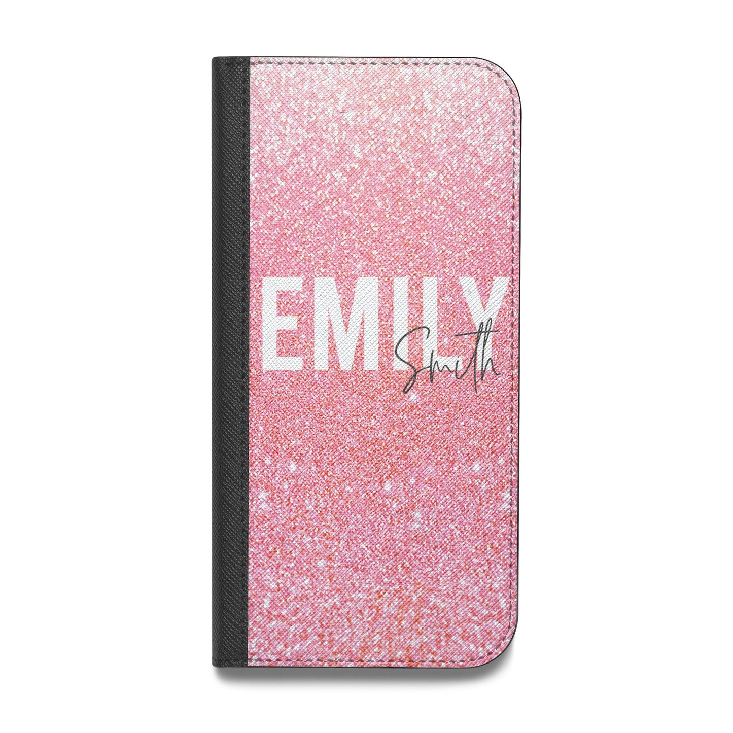 Personalised Pink Glitter White Name Vegan Leather Flip Samsung Case