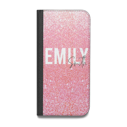 Personalised Pink Glitter White Name Vegan Leather Flip Samsung Case