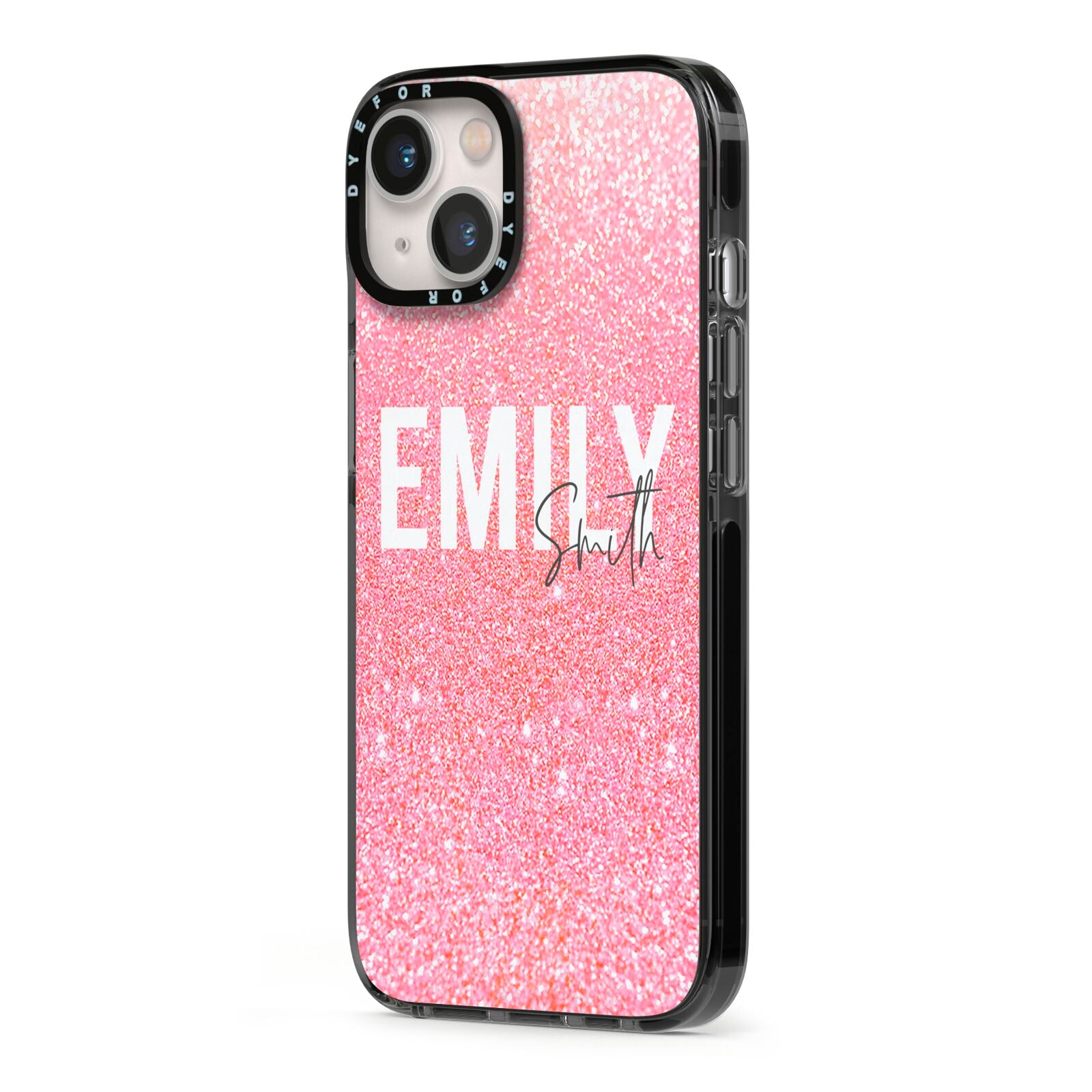 Personalised Pink Glitter White Name iPhone 13 Black Impact Case Side Angle on Silver phone