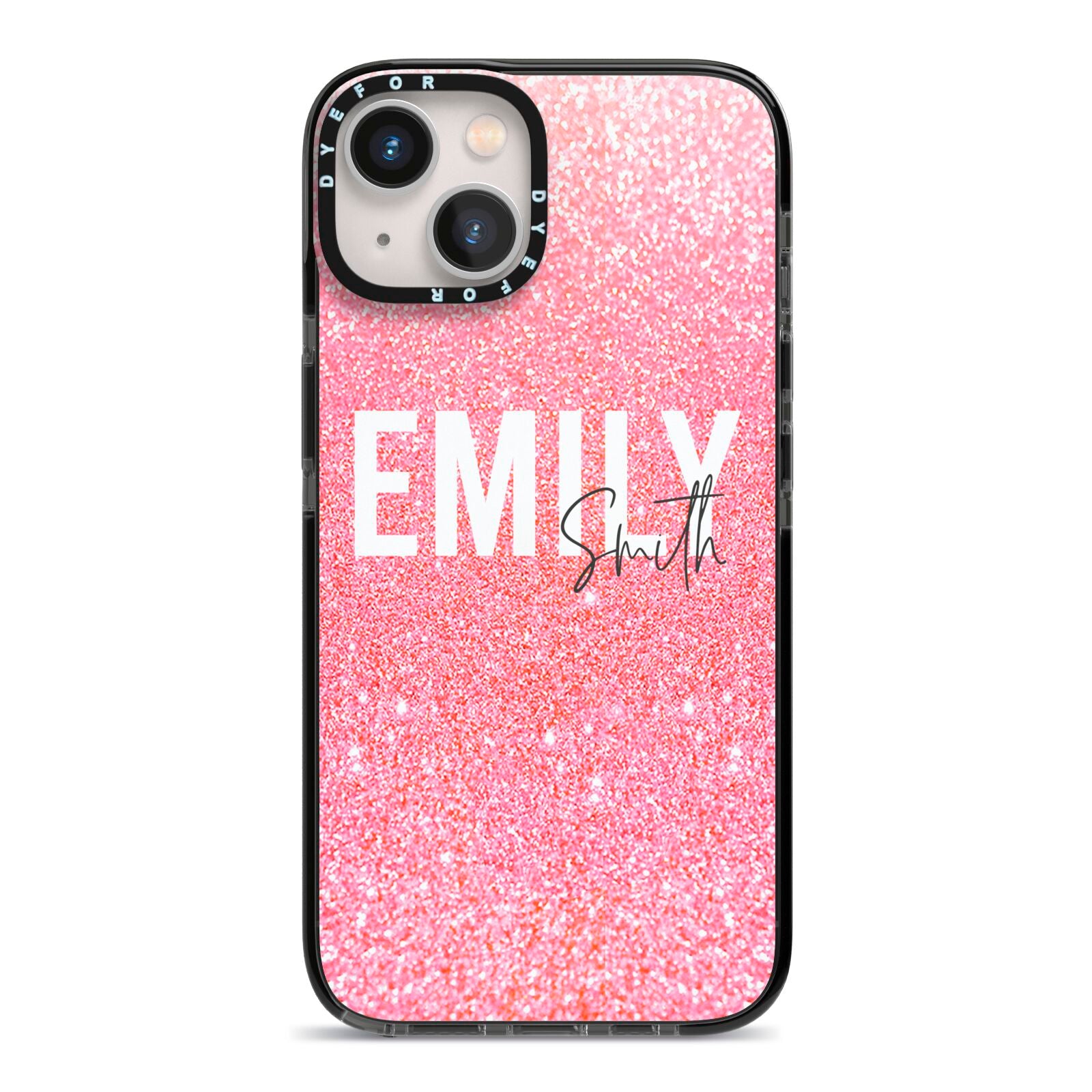 Personalised Pink Glitter White Name iPhone 13 Black Impact Case on Silver phone
