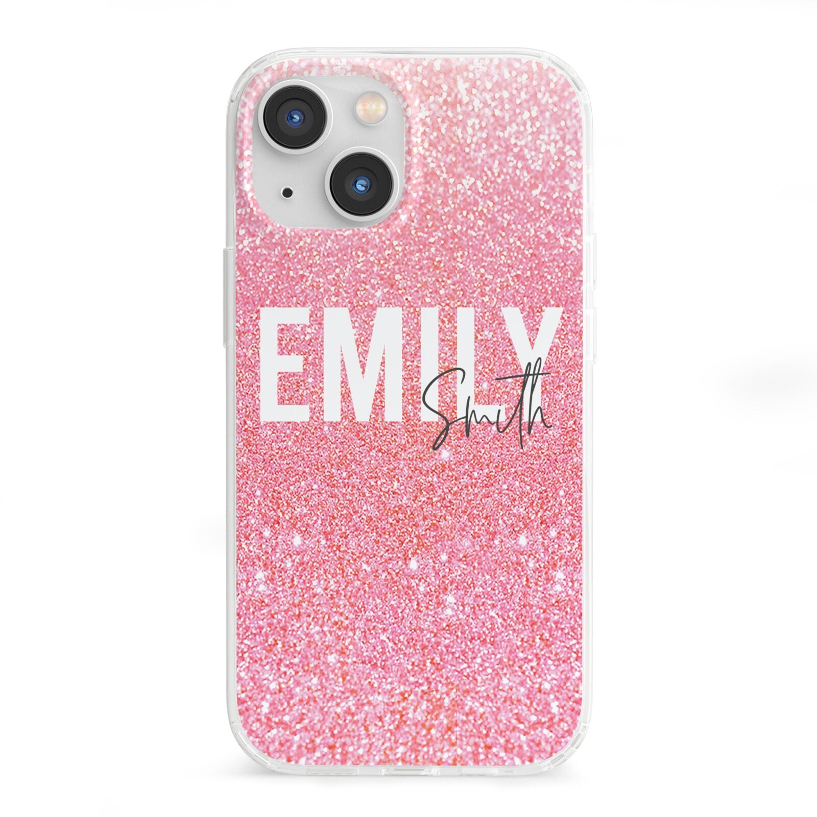 Personalised Pink Glitter White Name iPhone 13 Mini Clear Bumper Case