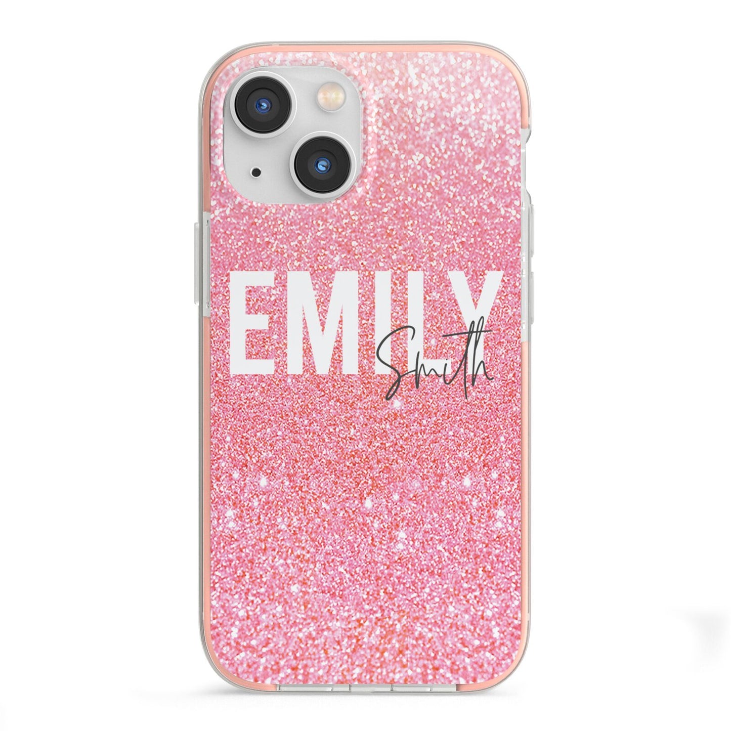 Personalised Pink Glitter White Name iPhone 13 Mini TPU Impact Case with Pink Edges