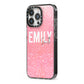 Personalised Pink Glitter White Name iPhone 13 Pro Black Impact Case Side Angle on Silver phone