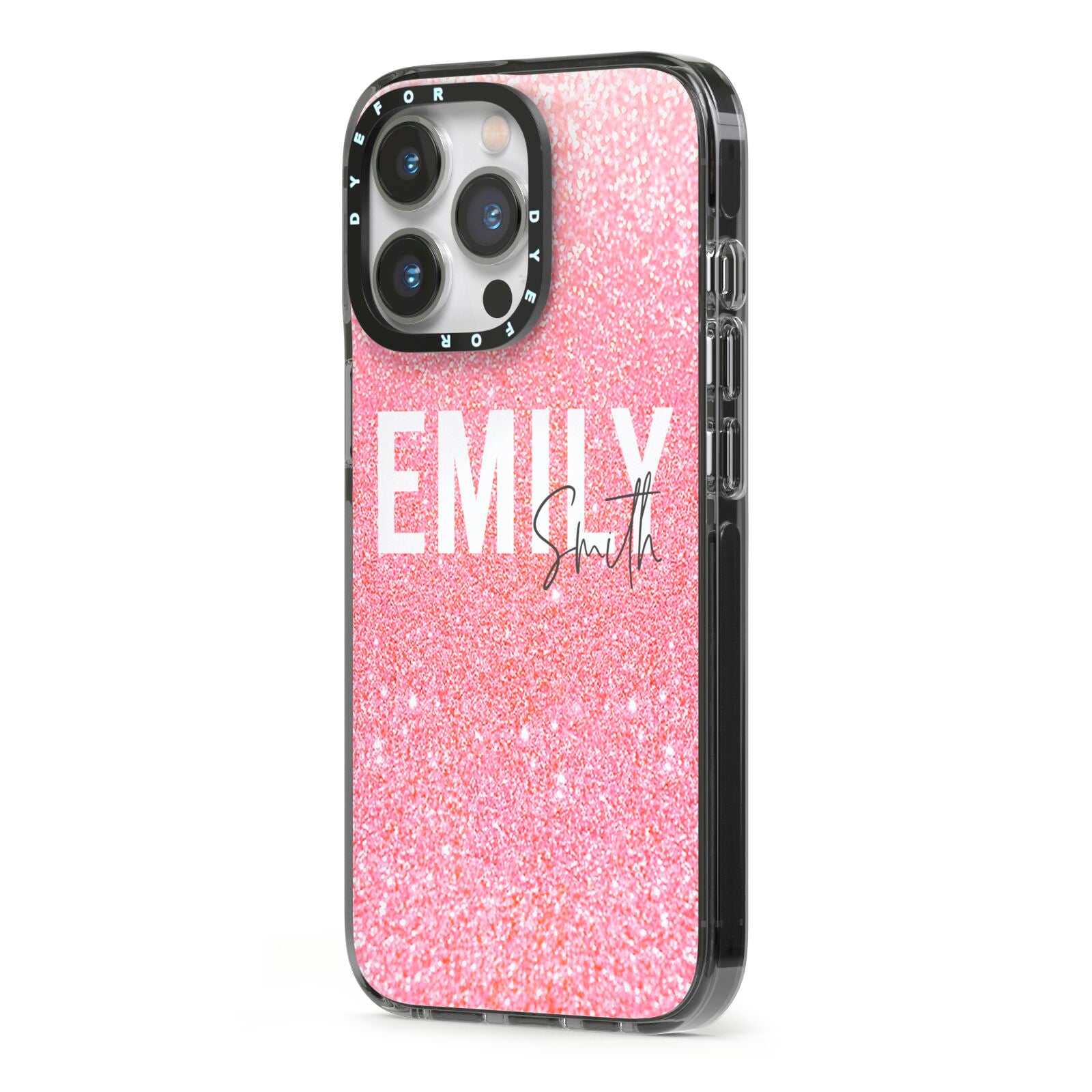 Personalised Pink Glitter White Name iPhone 13 Pro Black Impact Case Side Angle on Silver phone