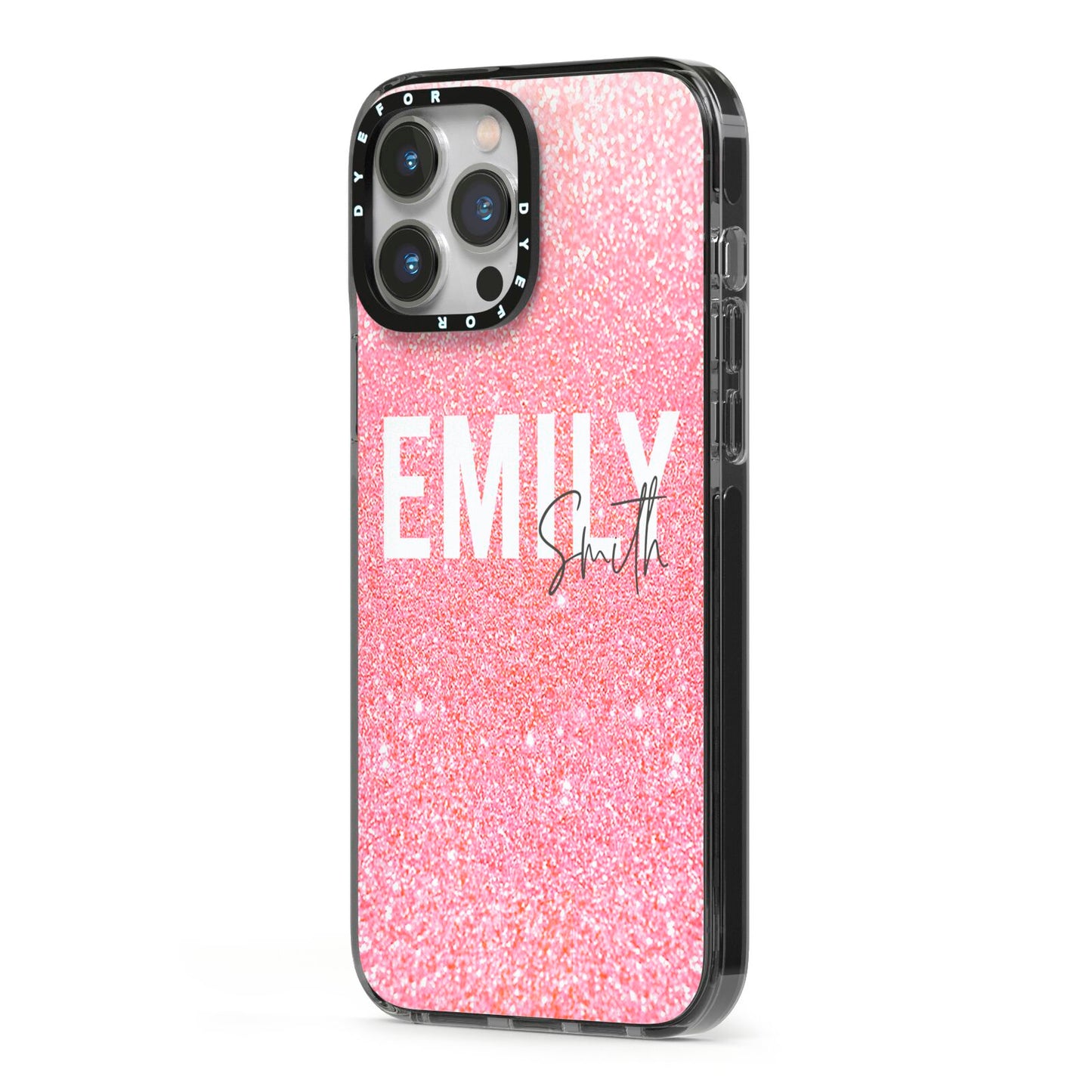 Personalised Pink Glitter White Name iPhone 13 Pro Max Black Impact Case Side Angle on Silver phone
