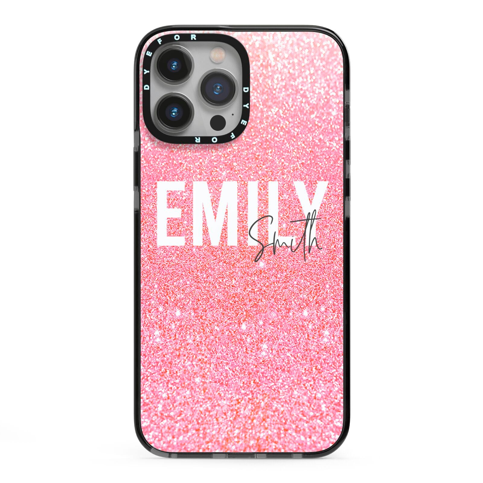 Personalised Pink Glitter White Name iPhone 13 Pro Max Black Impact Case on Silver phone