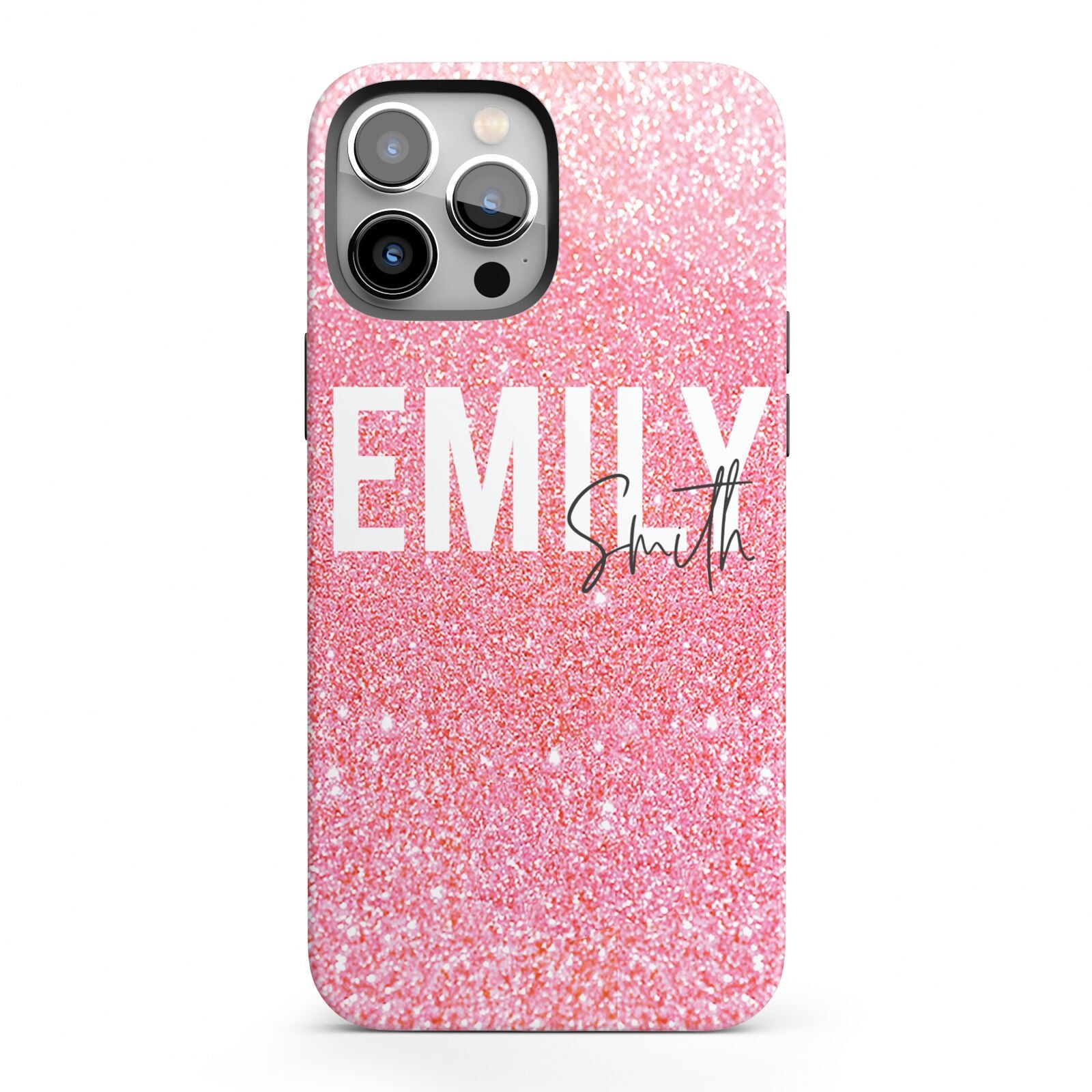 Personalised Pink Glitter White Name iPhone 13 Pro Max Full Wrap 3D Tough Case