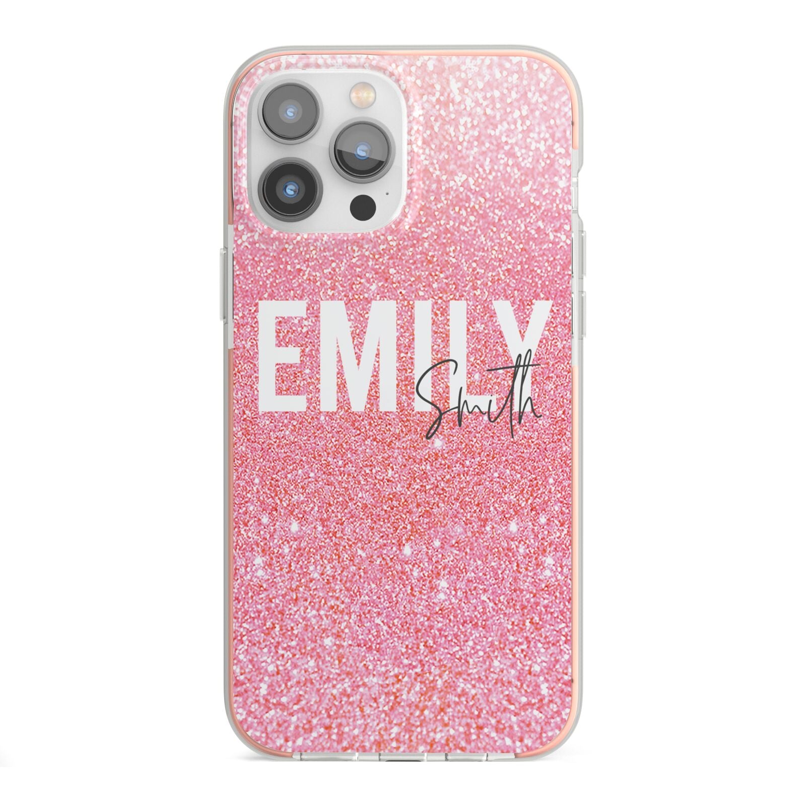 Personalised Pink Glitter White Name iPhone 13 Pro Max TPU Impact Case with Pink Edges