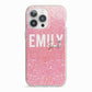 Personalised Pink Glitter White Name iPhone 13 Pro TPU Impact Case with Pink Edges