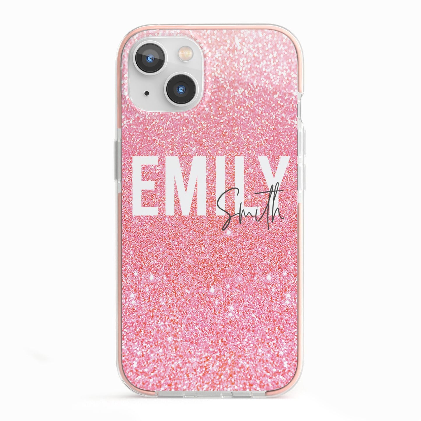 Personalised Pink Glitter White Name iPhone 13 TPU Impact Case with Pink Edges