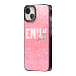 Personalised Pink Glitter White Name iPhone 14 Black Impact Case Side Angle on Silver phone