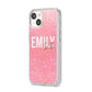 Personalised Pink Glitter White Name iPhone 14 Clear Tough Case Starlight Angled Image