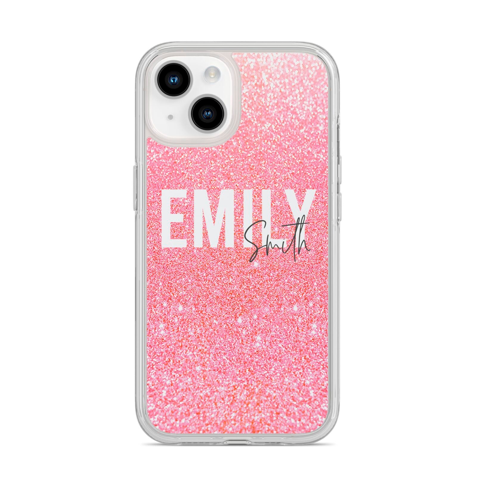 Personalised Pink Glitter White Name iPhone 14 Clear Tough Case Starlight