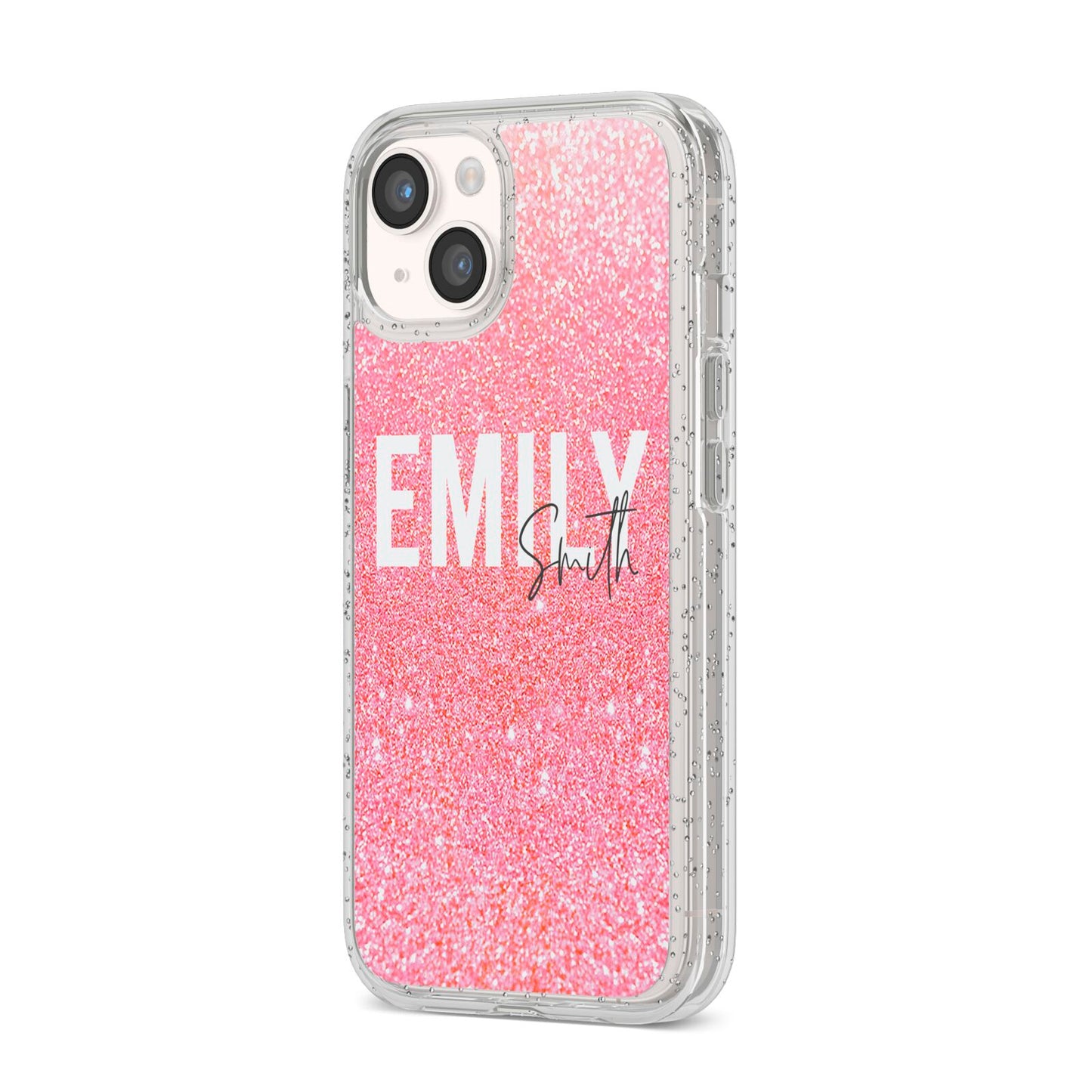 Personalised Pink Glitter White Name iPhone 14 Glitter Tough Case Starlight Angled Image