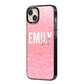Personalised Pink Glitter White Name iPhone 14 Plus Black Impact Case Side Angle on Silver phone