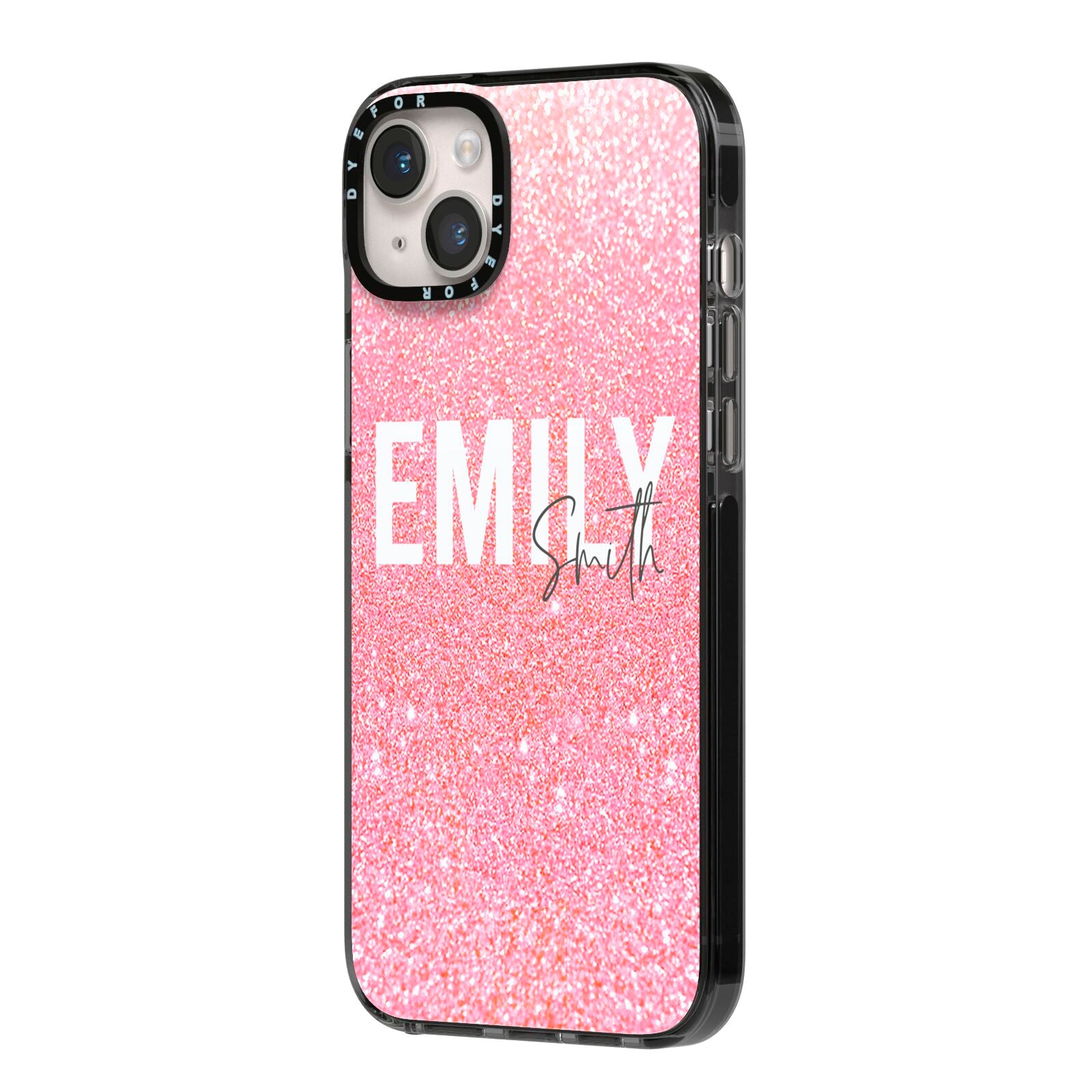 Personalised Pink Glitter White Name iPhone 14 Plus Black Impact Case Side Angle on Silver phone