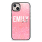 Personalised Pink Glitter White Name iPhone 14 Plus Black Impact Case on Silver phone