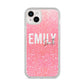 Personalised Pink Glitter White Name iPhone 14 Plus Clear Tough Case Starlight
