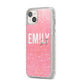 Personalised Pink Glitter White Name iPhone 14 Plus Glitter Tough Case Starlight Angled Image