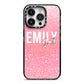 Personalised Pink Glitter White Name iPhone 14 Pro Black Impact Case on Silver phone
