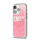 Personalised Pink Glitter White Name iPhone 14 Pro Clear Tough Case Silver Angled Image