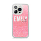 Personalised Pink Glitter White Name iPhone 14 Pro Clear Tough Case Silver