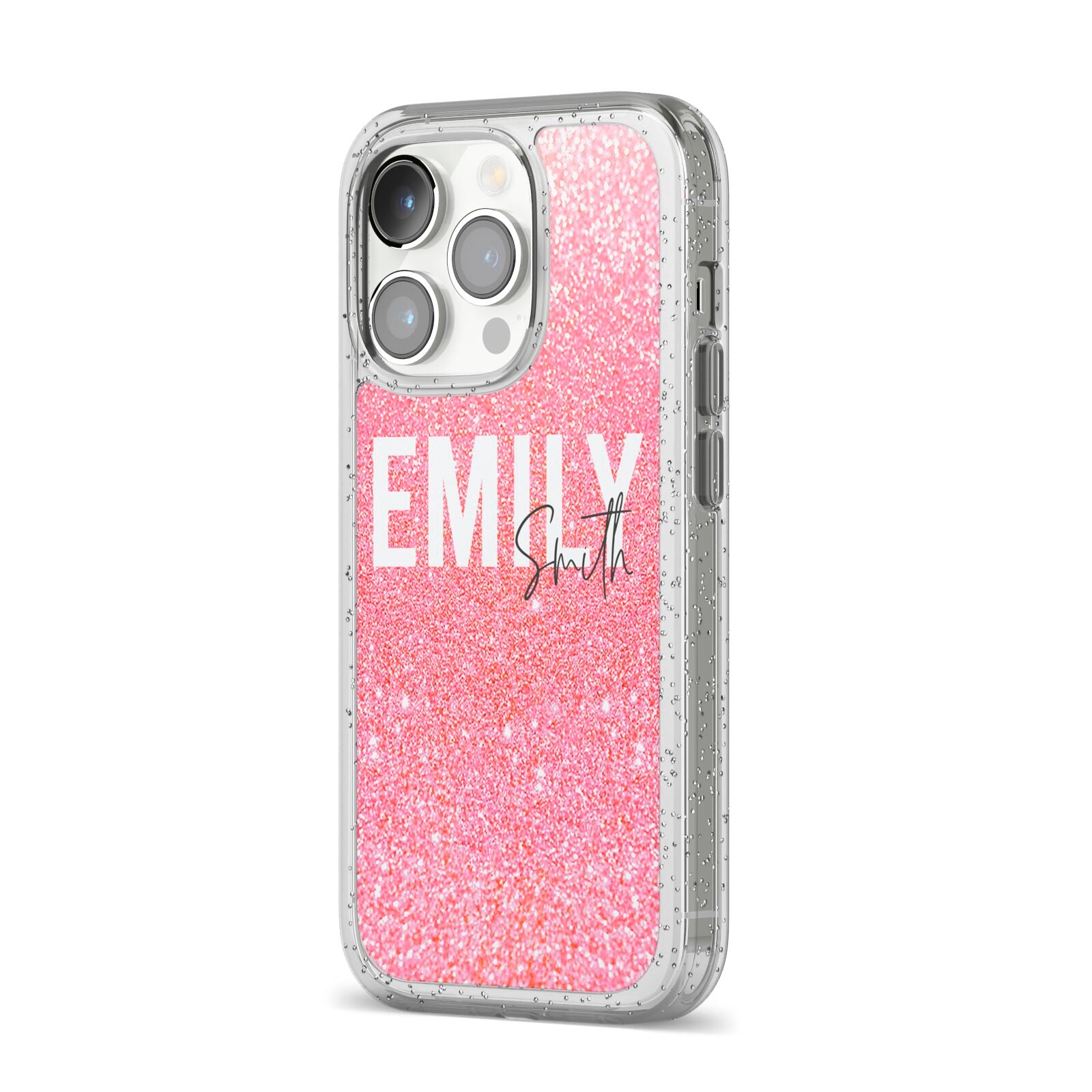 Personalised Pink Glitter White Name iPhone 14 Pro Glitter Tough Case Silver Angled Image