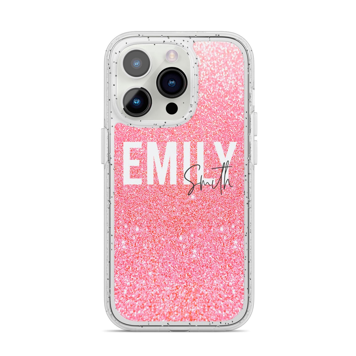 Personalised Pink Glitter White Name iPhone 14 Pro Glitter Tough Case Silver